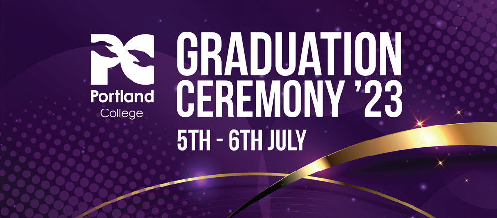 Purple and gold banner saying Graduation Ceremony 23